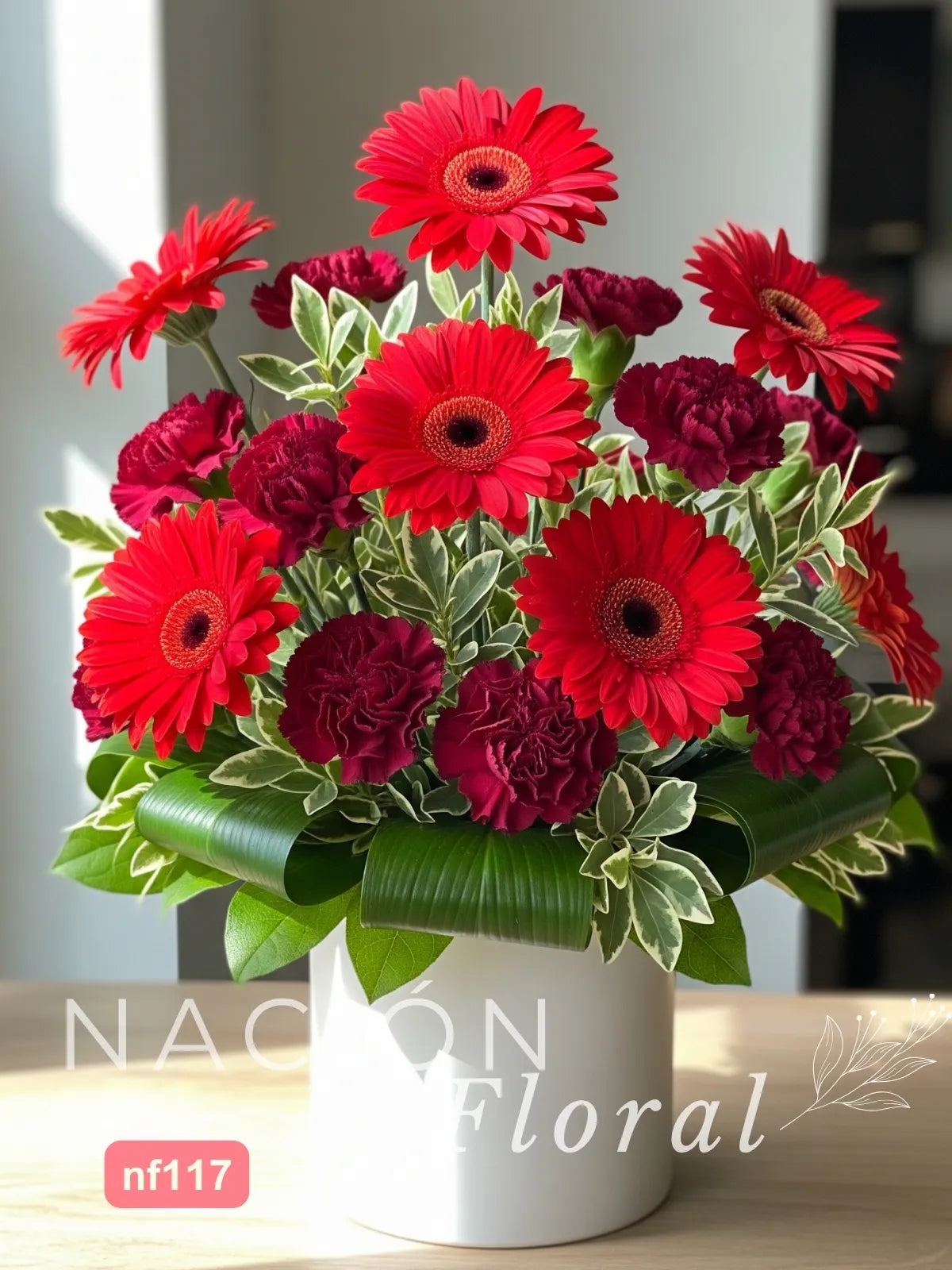 Gerberas Rojas y Claveles Vino Tonos Profundos