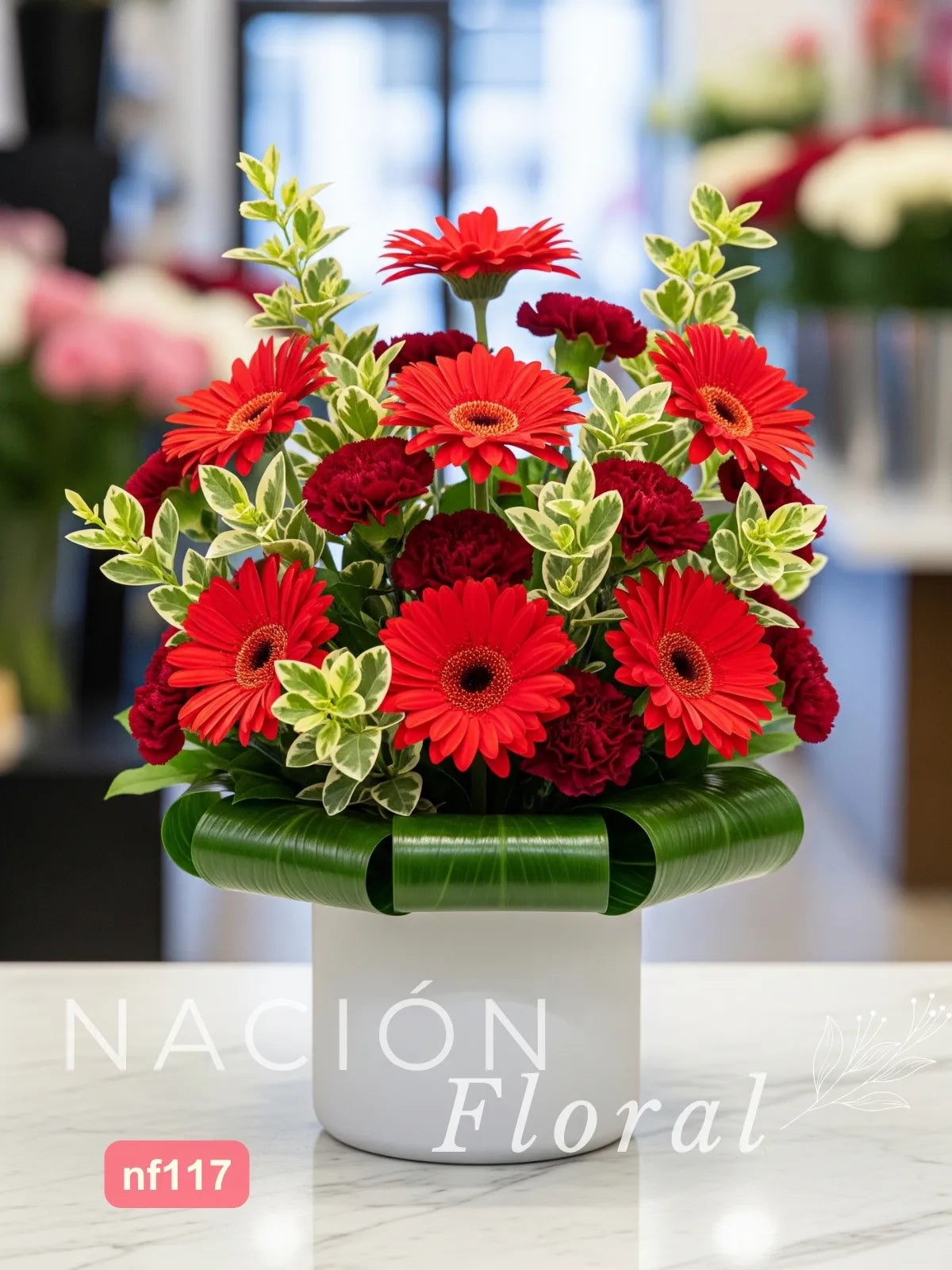 Gerberas Rojas y Claveles Vino Tonos Profundos