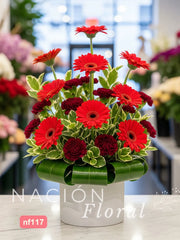 Gerberas Rojas y Claveles Vino Tonos Profundos