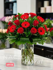 Rosas y Gerberas Rojas en Armonía - Elegancia Clásica