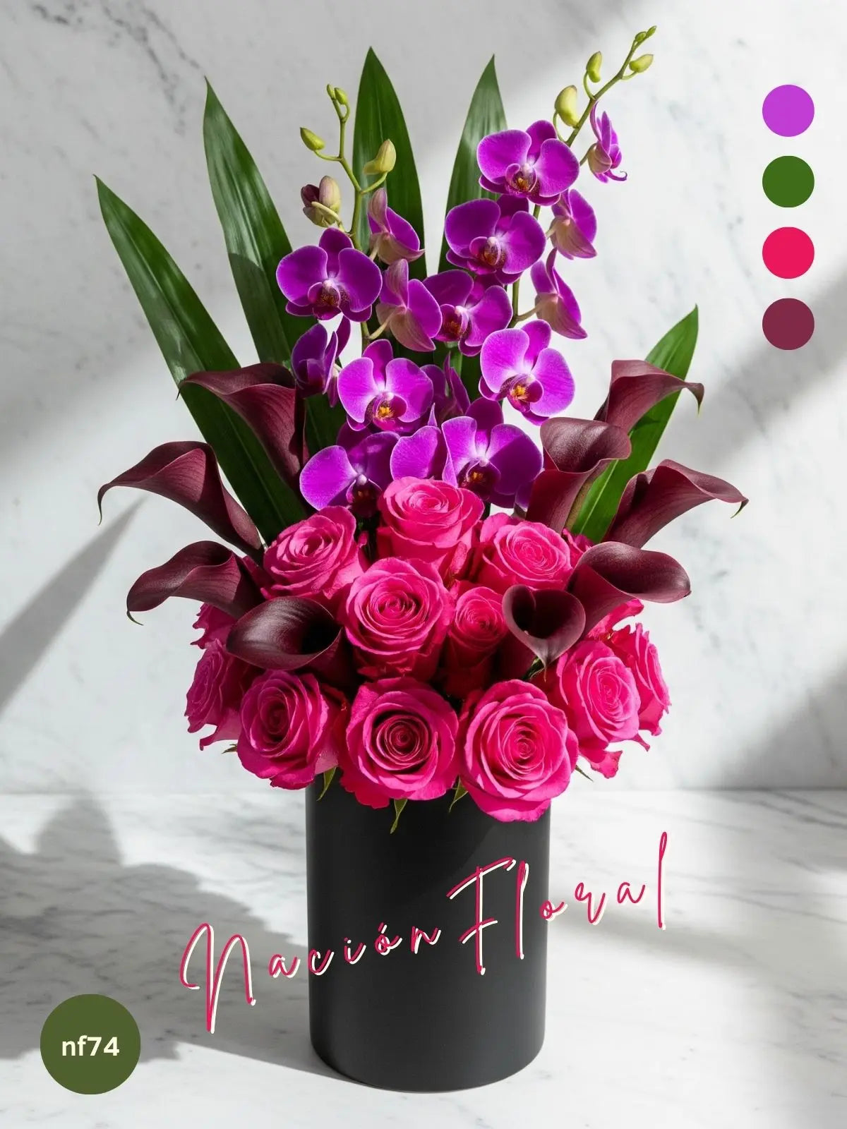 Rosas Fucsia y Orquídeas: Pasión Violeta